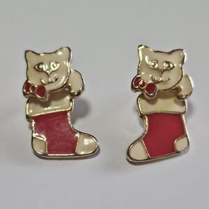 Vintage Signed AIM Enamel Christmas Stocking Cat Articulated Pierced Earrings